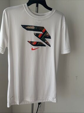Nike White Short Sleeve Tee with Multicolor Graphic and Red Swoosh